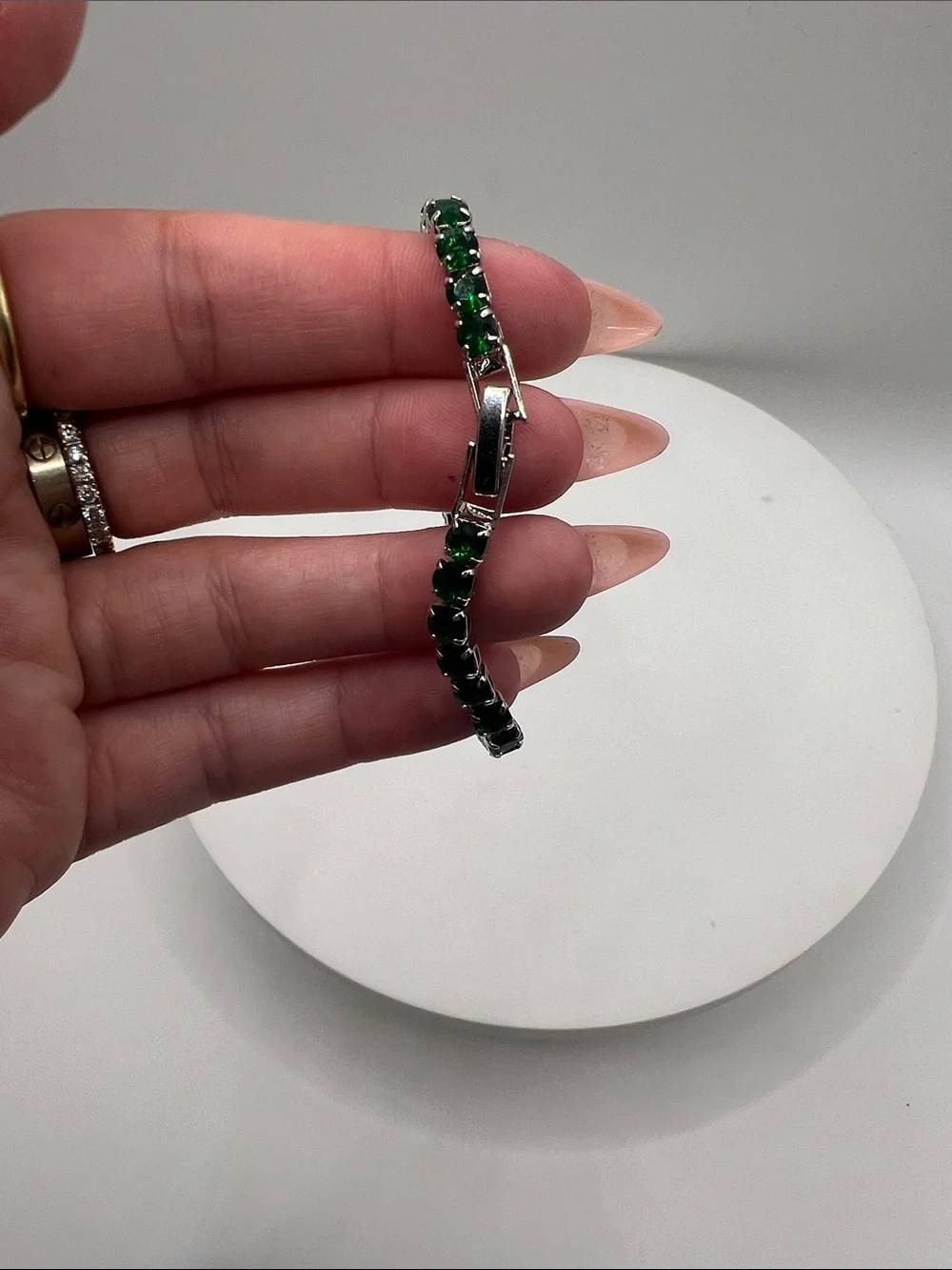 148. Emerald Green Tennis Bracelet White Gold Plated 6 3/4”